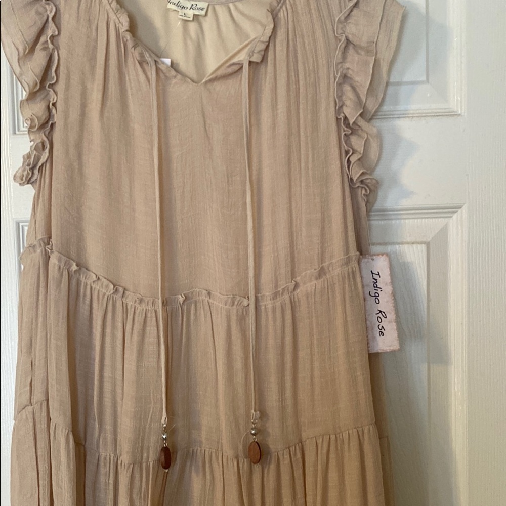 Tan and Cream Tiered Ruffled Mini Sundress - Picture 2 of 3